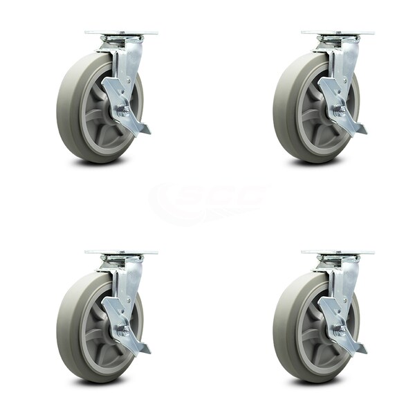 8 Inch Thermoplastic Rubber Swivel Caster Set with Roller Bearings and Brake SCC